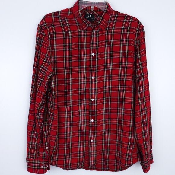 H&M Mens Plaid Flannel Shirt Tartan SIze Medium, Red, Holiday Christmas Shirt - Picture 1 of 5
